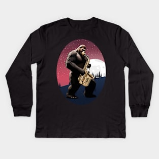 Bigfoot Plays Saxophone In The Moon Light Kids Long Sleeve T-Shirt